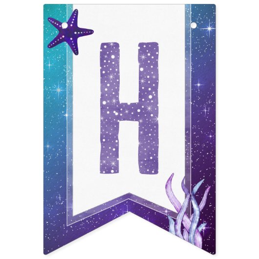 紫とティール（緑がかった色）の水の色ヒトデハッピーバースデー バンティングフラッグ (第2の旗)