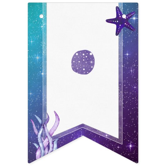 紫とティール（緑がかった色）の水の色ヒトデハッピーバースデー バンティングフラッグ (第1の旗)