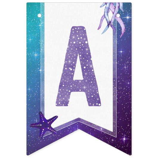 紫とティール（緑がかった色）の水の色ヒトデハッピーバースデー バンティングフラッグ (第3の旗)