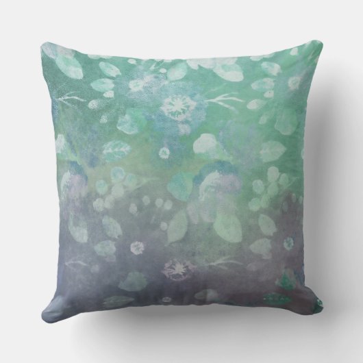 紫とティール（緑がかった色）の水彩花模様 クッション (裏面)
