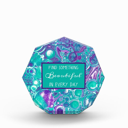 紫とティール(緑がかった色)の流体アートマーブルのような引用文写真 フォトブロック (正面)