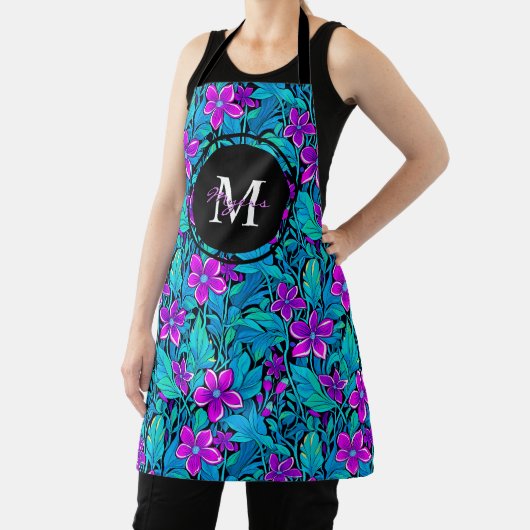 紫とティール（緑がかった色）の花と葉パーソナライズされた エプロン (インサイチュ)