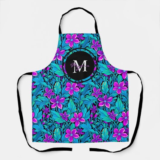 紫とティール（緑がかった色）の花と葉パーソナライズされた エプロン (正面)