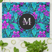 紫とティール（緑がかった色）の花と葉パーソナライズされた キッチンタオル (折り畳み)