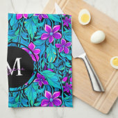 紫とティール（緑がかった色）の花と葉パーソナライズされた キッチンタオル (四つ折り)