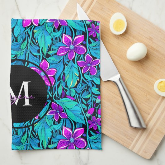 紫とティール（緑がかった色）の花と葉パーソナライズされた キッチンタオル (四つ折り)
