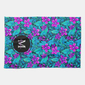 紫とティール（緑がかった色）の花と葉パーソナライズされた キッチンタオル (横)