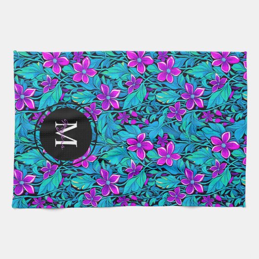 紫とティール（緑がかった色）の花と葉パーソナライズされた キッチンタオル (横)