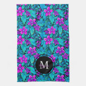 紫とティール（緑がかった色）の花と葉パーソナライズされた キッチンタオル (縦)