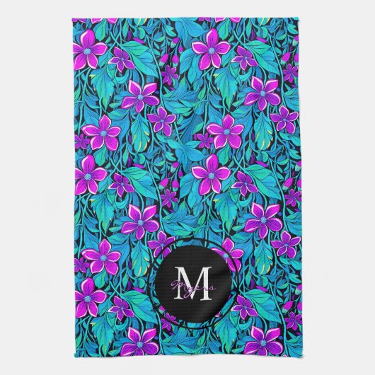 紫とティール（緑がかった色）の花と葉パーソナライズされた キッチンタオル (縦)