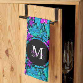 紫とティール（緑がかった色）の花と葉パーソナライズされた キッチンタオル