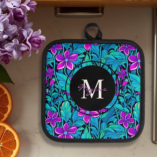 紫とティール（緑がかった色）の花と葉パーソナライズされた 鍋敷き