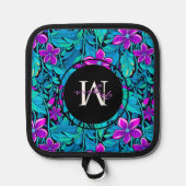 紫とティール（緑がかった色）の花と葉パーソナライズされた 鍋敷き (正面)