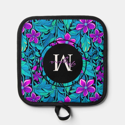 紫とティール（緑がかった色）の花と葉パーソナライズされた 鍋敷き (正面)