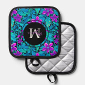 紫とティール（緑がかった色）の花と葉パーソナライズされた 鍋敷き (正面/裏面)