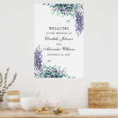 紫とティール（緑がかった色）の花。歓迎結婚サイン ポスター (キッチン)