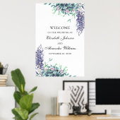 紫とティール（緑がかった色）の花。歓迎結婚サイン ポスター (ホームオフィス)