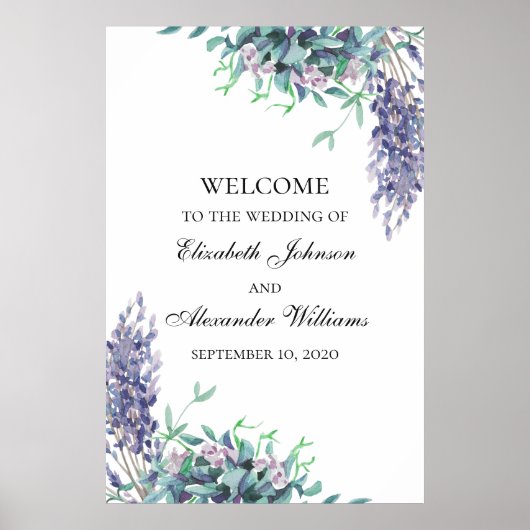 紫とティール（緑がかった色）の花。歓迎結婚サイン ポスター (正面)