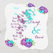 紫とティール（緑がかった色）の蝶お洒落と花 招待状 (正面/裏面)