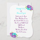 紫とティール（緑がかった色）の蝶お洒落と花 招待状 (裏面)