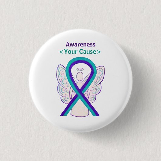 紫とティール（緑がかった色）の認識度リボンエンジェルピンボタン 缶バッジ (正面)