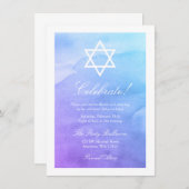 紫とティール(緑がかった色)ウォーターカラーバルミツワー披露宴 招待状 (正面/裏面)