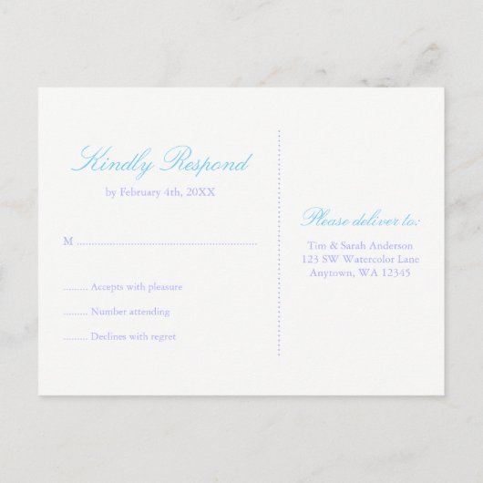 紫とティール（緑がかった色）ウォーターカラーバルミツワーRSVP インビテーションポストカード (裏面)