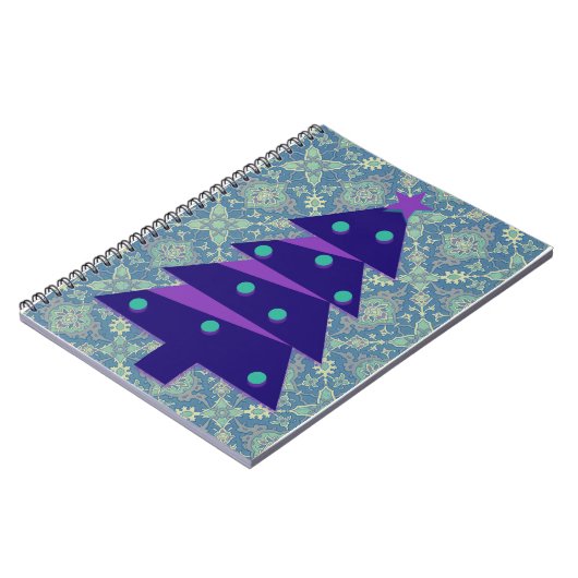 紫とティール（緑がかった色）クリスマスツリーヴィンテージスタイル ノートブック (左側)