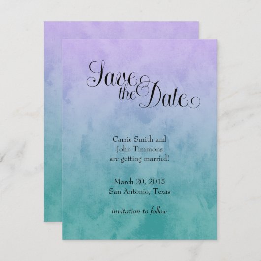 紫とティール(緑がかった色)グラデーション日付の保存 招待状 (正面/裏面)