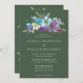 紫とティール（緑がかった色）グリーンフローラ結婚式招待状 招待状 (正面/裏面)