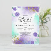 紫とティール（緑がかった色）ターコイズ金ゴールドブライダルシャワー 招待状 (スタンド正面)