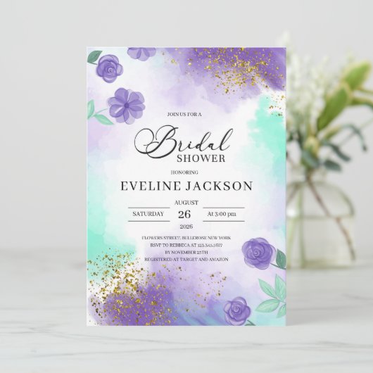 紫とティール(緑がかった色)ターコイズ金ゴールドブライダルシャワー 招待状 (スタンド正面)