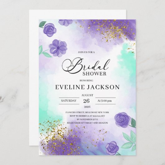紫とティール（緑がかった色）ターコイズ金ゴールドブライダルシャワー 招待状 (正面/裏面)