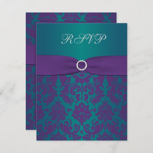 紫とティール（緑がかった色）ダマスクウェディングRSVPカード 出欠カード (正面/裏面)