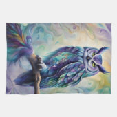 紫とティール(緑がかった色)フクロウ キッチンタオル (横)