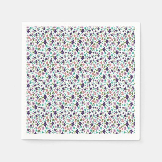 紫とティール（緑がかった色）フローラ スタンダードカクテルナプキン (正面)