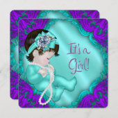 紫とティール(緑がかった色)ブルーガールベビーシャワー 招待状 (正面/裏面)
