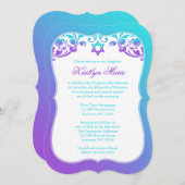 紫とティール(緑がかった色)ブルースワーズバルミツワー 招待状 (正面/裏面)