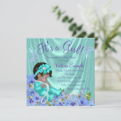 紫とティール（緑がかった色）ブルーフローラエスニックベイビーシャワー 招待状 (スタンド正面)