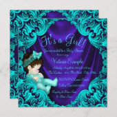 紫とティール（緑がかった色）ブルーベビーシャワー 招待状 (正面/裏面)
