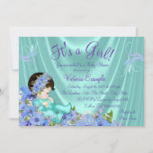 紫とティール(緑がかった色)ブルーベビーシャワー 招待状 (正面)