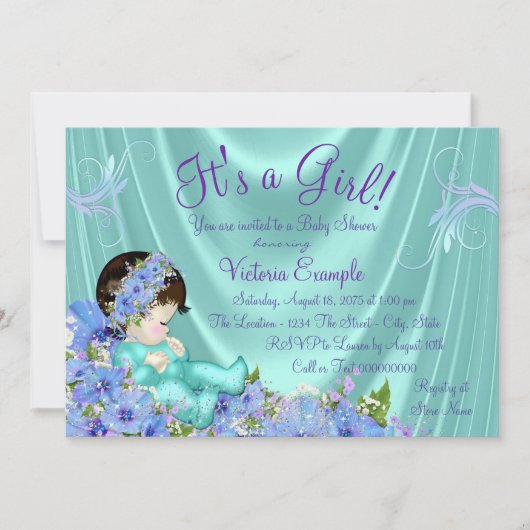 紫とティール(緑がかった色)ブルーベビーシャワー 招待状 (正面)