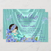 紫とティール(緑がかった色)ブルーベビーシャワー 招待状 (正面/裏面)