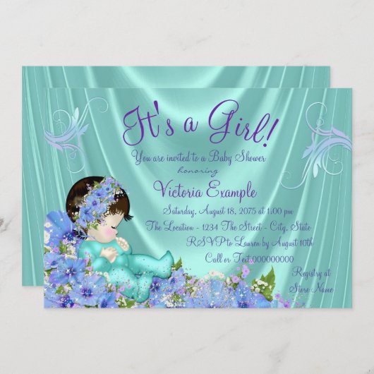 紫とティール(緑がかった色)ブルーベビーシャワー 招待状 (正面/裏面)