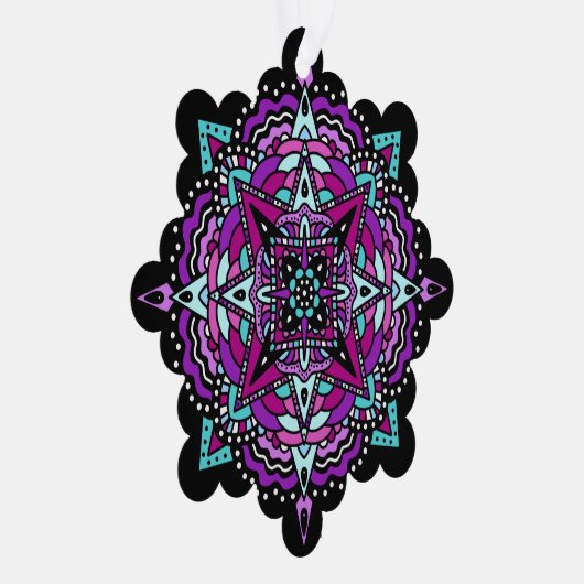 紫とティール(緑がかった色)マンダラクリスマス オーナメントカード (右)