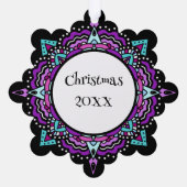 紫とティール（緑がかった色）マンダラクリスマス オーナメントカード (裏面)