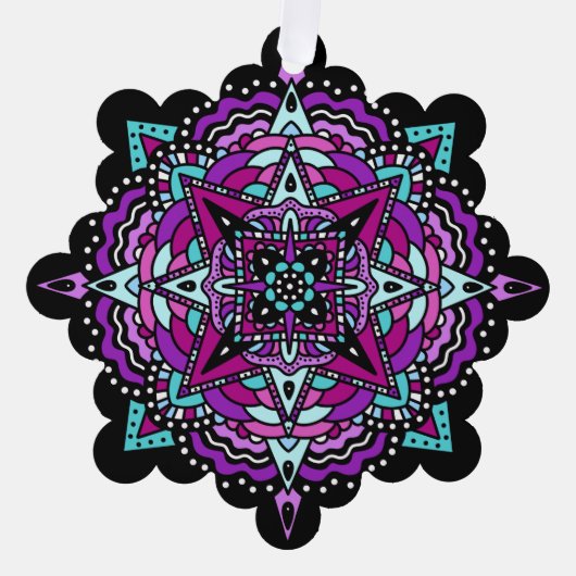 紫とティール(緑がかった色)マンダラクリスマス オーナメントカード (正面)