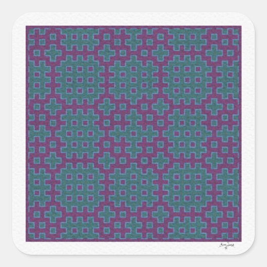 紫とティール（緑がかった色）人目指し幾何学瓦 スクエアシール (正面)