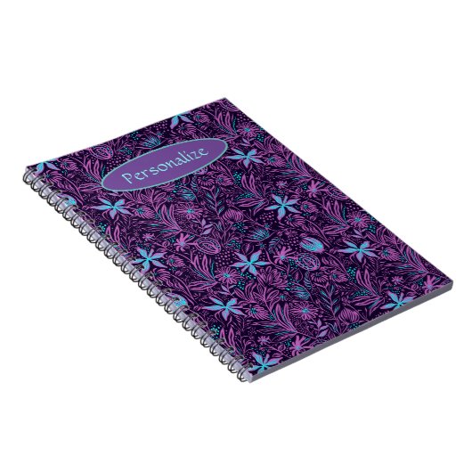 紫とティール（緑がかった色）熱帯の花サマーパーソナライズ ノートブック (右側)