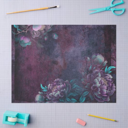 紫とティール（緑がかった色）牡丹の花の切り離し 薄葉紙 (クラフト)